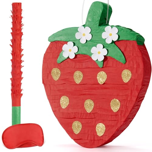 WERNNSAI Erdbeer-Pinata - Frucht-Piñata mit Augenbinde und Stab für Erdbeer-Geburtstagsparty-Dekoration, Sweer-Party, Babyparty, Feier-Zubehör von WERNNSAI