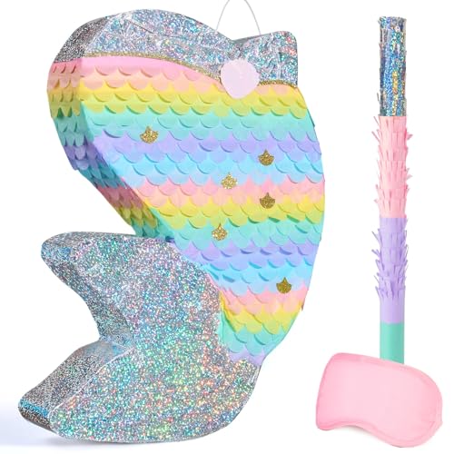 WERNNSAI Regenbogen-Meerjungfrauen-Piñata – Meerjungfrau-Geburtstagsparty-Dekoration, Pinata mit Augenbinde und Fledermaus für Kinder, Ozean, unter dem Meer, Partyzubehör, Feier, Babyparty von WERNNSAI