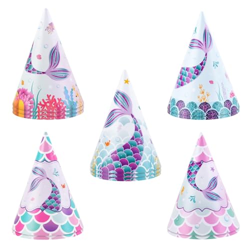 WERNNSAI 12 Stück Meerjungfrau Party Hut - Meerjungfrau Geburtstag Party Supplies für Mädchen Kinder Meerjungfrau Thema Party Kegel Hut Spaß Kunst Handwerk Papier Party Hüte in 5 Stil von WERNNSAI