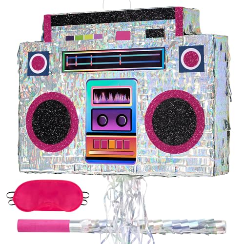 WERNNSAI Boombox Pinata – Retro Geburtstagsparty Dekoration Hip Pop Vintage Piñata mit Augenmaske und Stock 90er Jahre Disco Geburtstags Deko Zubehör für Männer Frauen Junggesellenabschieds Deko von WERNNSAI