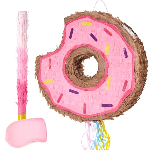 WERNNSAI Donut Piñata – Rosa DonutPiñata mit Schnur GeburtstagspartyDekoration Piñata mit Stab und Augenbinde für Mädchen KinderDonutPiñata mit Zugschnur Familienspiele GeburtstagspartyZubehör von WERNNSAI