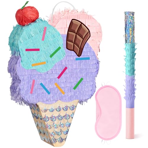 WERNNSAI Eiscreme Pinata – Eiscreme Geburtstagsparty Dekoration für Mädchen Kinder süße Geburtstags Piñata mit Augenbinde und Stab für Sommer Babyparty Dekoration Zubehör von WERNNSAI