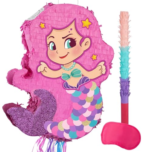 WERNNSAI Mermaid Girl Pinata Folding drawstring - Meerjungfrau Geburtstags Deko Zubehör Piñata Kinder Mädchen Faltbare Ausziehbare Meerjungfrau Piñata mit Augenbinde Stock Dekoration 45 × 33 × 3 cm von WERNNSAI