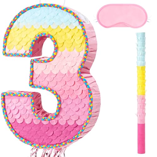 WERNNSAI Geburtstags Piñata – Regenbogen Piñata für 3-jährige Mädchen Junge Kinder Rosa Piñata mit Augenmaske Stab Quaste und Kordelzug Partydekoration Spielen von WERNNSAI