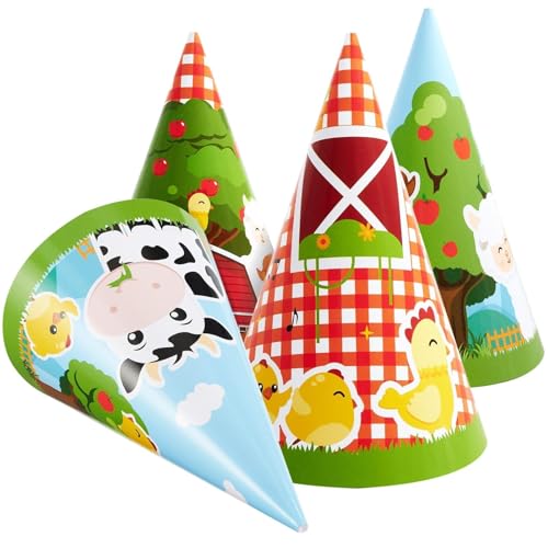 WERNNSAI 12 Stück Bauernhof Geburtstagsparty Hüte – 12 Stück Partyhut für Kinder Geburtstagspartyzubehör Party Dekorationen mit Bauernhoftieren KopfbKegelhut Stirnbänder bunte Partyhüte Papier von WERNNSAI