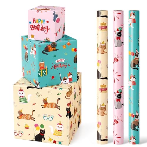 WERNNSAI Geschenkpapierrollen mit Katzenmotiv, 3 Rollen, 43,2 x 304,8 cm, Geburtstags-Geschenkpapierrollen, Katzengeburtstagsgeschenkpapier, Mädchen, Geschenkpapierrollen, Kätzchen-Geschenkpapier, von WERNNSAI
