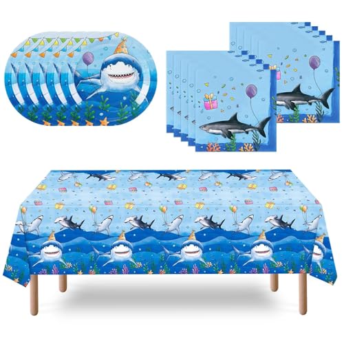 WERNNSAI Hai Partyzubehör Set – 33 PCS blaue Ozean Geburtstagsparty Dekoration Unterwasser Party Tischdecke Teller Servietten für Jungen Party Ozean Hai Mottoparty für 16 Gäste von WERNNSAI