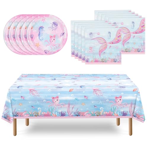 WERNNSAI Meerjungfrau Partyzubehör – 33 PCS Geburtstags Dekorationsset Mermaid Party Supplies Tischdecke Teller Servietten Prinzessinnen Partygeschirr für Mädchen für Kinder Mädchen für 16 Gäste von WERNNSAI