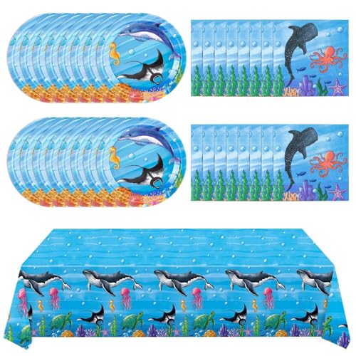 WERNNSAI Ozean Partyzubehör Set – 33 PCS Hai Geburtstagsparty Dekorationsset Unterwasserparty Tischdecken Teller Servietten für Kindergeburtstage mit Jungen für 16 Gäste Ocean Party Geschenkpaket von WERNNSAI
