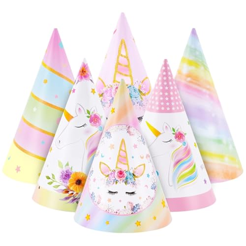 WERNNSAI 12 Stück Einhorn Partyhüte - Einhorn Geburtstag Party Zubehör für Mädchen Kinder Einhorn-Themenparty Kegelhut Spaß Kunst Bastelpapier Partyhütchen in 6 Stilen von WERNNSAI