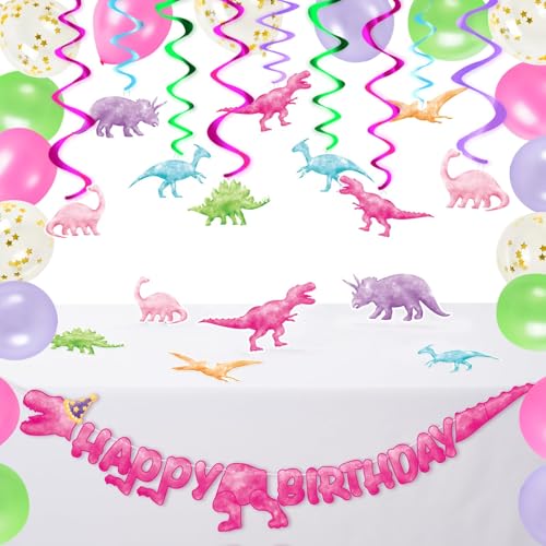 WERNNSAI Partyzubehör für Dinosaurier in Aquarellfarben – 65 PCS mit Dinosaurier Ziehen Sie die Fahne mit Happy Birthday Banner und Bändern Ballon für Kinder und Mädchen Party Geburtstagszubehör von WERNNSAI