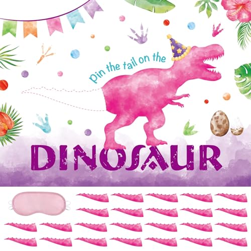 WERNNSAI Pin The Tail on the Dinosaur Game – Dino-Themen-Party-Spiele für Mädchen und Kinder, 53 x 72 cm, Dinosaurier-Poster, 24 Stück, rosa Schwänze, Aquarell-Dinosaurier, Geburtstagsparty-Zubehör von WERNNSAI
