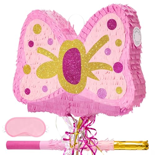 WERNNSAI Fliege Piñata – Rosa Glitzer Fliege Pinata Geburtstags Partydeko für Mädchen Kinder Piñata mit Stock und Augenbinde Geburtstags Partydeko Piñata mit Zugschnur Zubehör mit Prinzessinnen Thema von WERNNSAI