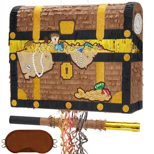WERNNSAI Schatztruhen Pinata – Piraten Geburtstags Pinata Kinder Junge Schatztruhen Piñata mit Augenbinde Stab Quaste Piraten Abenteuer Geburtstagsparty Schatzsuche Karnevals Dekoration von WERNNSAI