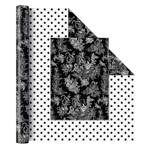 WERNNSAI Schwarzes Geschenkpapier mit Blumenmuster – 1 Rolle 43 cm x 10 m Blumenstrauß Geschenkpapier Schwarz Blumen Packpapier für Erwachsene Hochzeits Brautparty Geschenkpapier von WERNNSAI