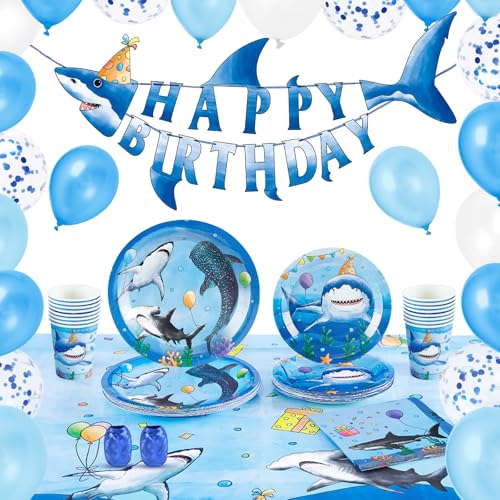 WERNNSAI Shark Party Supplies - Shark Birthday Party Decorations Kids Ocean Birthday Banner Tischdecke Geschirr Luftballons Blau Unter dem Meer Party Dekoration für 16 Gäste von WERNNSAI