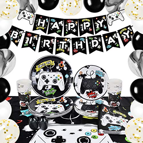 WERNNSAI Videospiel Party Zubehör - Spiel Party Dekoration für Jungen Geburtstag Banner Ballons Teller Tassen Servietten Tischdecke Geschirr Set Dient 16 Gäste 89 PCS von WERNNSAI