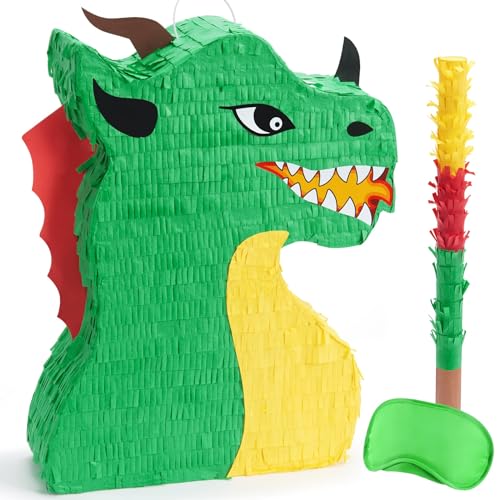 Drachen Piñata – Drachen Party Dekorationen Pinata Bundle mit Augenbinde und Stock Partyzubehör zum Thema Dinosaurier Geburtstagsparty Spiel für Jungen Karnevalsdekorationen für Kinder von WERNNSAI