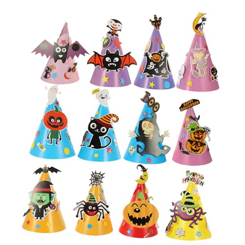 WESIEVYA 12 Stück Teiliges Halloween DIY Papierhut mit Kreativen Cartoon-motiven Sicherem Material Vielseitig Halloween-party und Individuelle Kostümdekoration von WESIEVYA