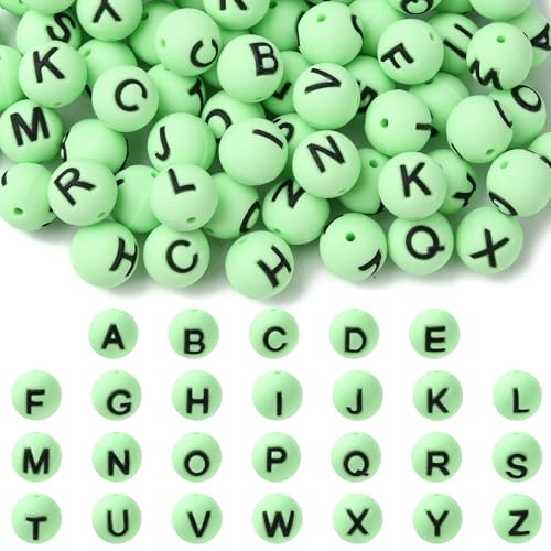 WEWAYSMILE 104 Stück 15 mm Silikon-Buchstabenperlen zur Herstellung von Schlüsselanhängern Rund Großpackung A-Z-Alphabet-Silikonperlen für Stifte DIY-Armbänder Halsketten（Aquamarin） von WEWAYSMILE