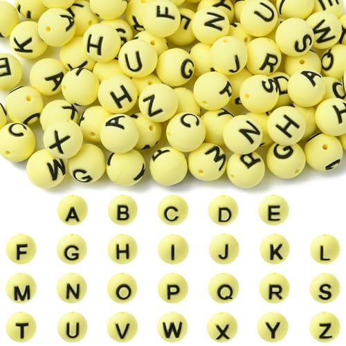 WEWAYSMILE 104 Stück 15 mm Silikon-Buchstabenperlen zur Herstellung von Schlüsselanhängern Rund Großpackung A-Z-Alphabet-Silikonperlen für Stifte DIY-Armbänder Halsketten（Gelb） von WEWAYSMILE