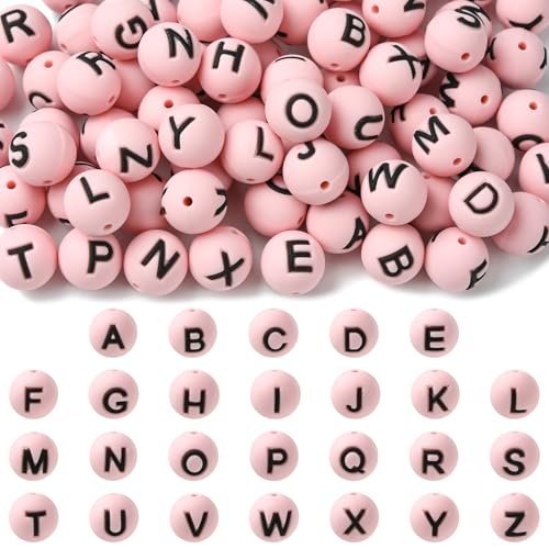 WEWAYSMILE 104 Stück 15 mm Silikon-Buchstabenperlen zur Herstellung von Schlüsselanhängern Rund Großpackung A-Z-Alphabet-Silikonperlen für Stifte DIY-Armbänder Halsketten（Rosa） von WEWAYSMILE