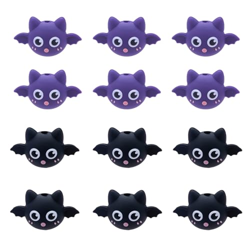 WEWAYSMILE 12 Stück 3D Fledermaus Silikon Fokalperlen Für Stifte Halloween Tiere Silikonperlen Für Schlüsselanhänger Herstellung DIY Perlenstifte Lanyards Schmuck Basteln von WEWAYSMILE