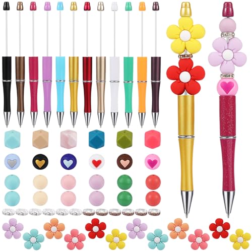 WEWAYSMILE 12 Stück Set DIY Kugelschreiber Perlenstifte Mit Perlen Cartoon-Kugelschreiber Geeignet Für Büros Schulen Geschenke Kunsthandwerk Bürobedarf（Blumenherzen ） von WEWAYSMILE