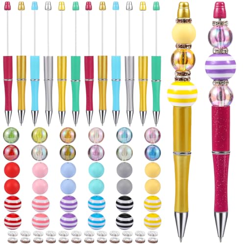 WEWAYSMILE 12 Stück Set DIY Kugelschreiber Perlenstifte Mit Perlen Cartoon-Kugelschreiber Geeignet Für Büros Schulen Geschenke Kunsthandwerk Bürobedarf（Gestreifte Perlen ） von WEWAYSMILE