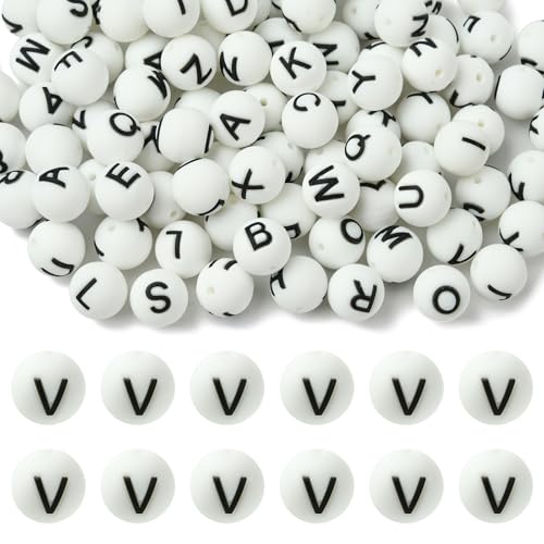 WEWAYSMILE 20 Stück 15 mm Silikon-Buchstabenperlen zur Herstellung von Schlüsselanhängern Runde Silikonperlen in Großpackung für Stifte DIY-Armbänder Halsketten und Bastelarbeiten （Buchstabe V） von WEWAYSMILE