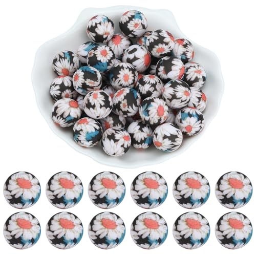 WEWAYSMILE 20 Stück 15 mm Silikonperlen Bedruckte Silikon-Focal-Perlen für die DIY Bracelets Necklaces Lanyards Beaded Craft Supplies（Nacht-Chrysantheme） von WEWAYSMILE