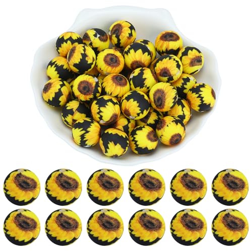 WEWAYSMILE 20 Stück 15 mm Silikonperlen Bedruckte Silikon-Focal-Perlen für die DIY Bracelets Necklaces Lanyards Beaded Craft Supplies（Sonnenblume） von WEWAYSMILE