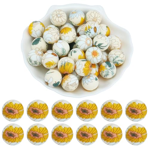 WEWAYSMILE 20 Stück 15 mm Silikonperlen Bedruckte Silikon-Focal-Perlen für die DIY Bracelets Necklaces Lanyards Beaded Craft Supplies（Tribut-Chrysantheme） von WEWAYSMILE