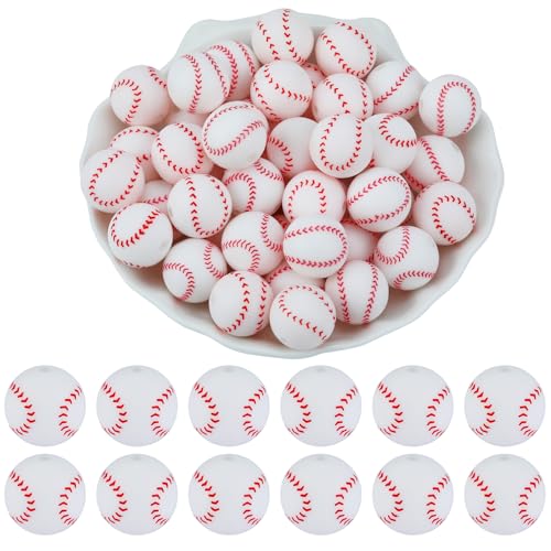 WEWAYSMILE 20 Stück 15 mm Sport-Silikonperlen zur Herstellung von Schlüsselanhängern Ball-Silikonperlen für Stifte DIY-Armbänder Halsketten Schlüsselbänder（Weißer Baseball） von WEWAYSMILE