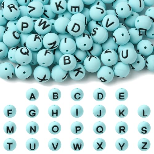 WEWAYSMILE 26 Stück 15 mm Buchstaben-Silikonperlen zur Herstellung von Schlüsselanhängern Runde Silikon-Brennperlen für Stifte DIY-Armbänder Halsketten und Andere Accessoires (Cyan) von WEWAYSMILE