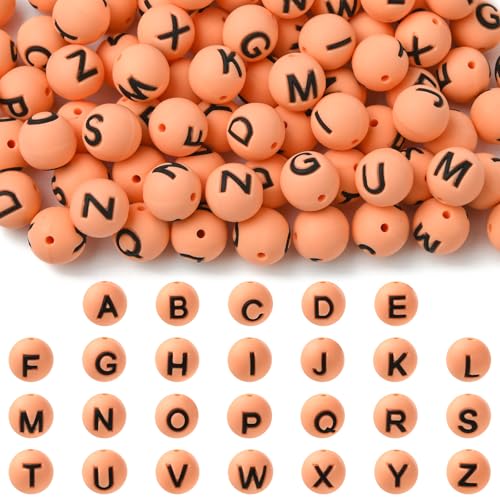 WEWAYSMILE 26 Stück 15 mm Buchstaben-Silikonperlen zur Herstellung von Schlüsselanhängern Runde Silikon-Brennperlen für Stifte DIY-Armbänder Halsketten und Andere Accessoires (Dunkelorange) von WEWAYSMILE