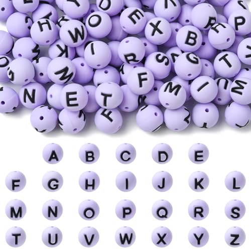 WEWAYSMILE 26 Stück 15 mm Buchstaben-Silikonperlen zur Herstellung von Schlüsselanhängern Runde Silikon-Brennperlen für Stifte DIY-Armbänder Halsketten und Andere Accessoires (Flieder) von WEWAYSMILE