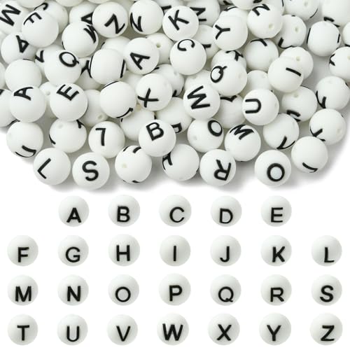 WEWAYSMILE 26 Stück 15 mm Buchstaben-Silikonperlen zur Herstellung von Schlüsselanhängern Runde Silikon-Brennperlen für Stifte DIY-Armbänder Halsketten und Andere Accessoires (Weiß) von WEWAYSMILE