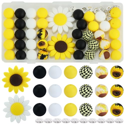 WEWAYSMILE 45 Stück 15 mm Silikonperlen Sonnenblume-Fokusperlen für Stifte Bedruckte Silikonperlen Großpackung für Schlüsselanhängern Armbändern Herstellung und Bastelarbeiten(Chrysantheme) von WEWAYSMILE