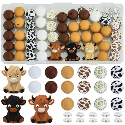 WEWAYSMILE 46 Stück 15 mm Silikonperlen 3D-Tier-Fokusperlen für Stifte Bedruckte Silikonperlen Großpackung für Schlüsselanhängern Armbändern Herstellung und Handgefertigten Bastelarbeiten(Kuh) von WEWAYSMILE