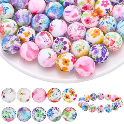 WEWAYSMILE 60 Stück 15mm Silikonperlen Bedruckte Silikonperlen Für Die Herstellung Von Schlüsselanhängern DIY Perlen Stiften Schlüsselbändern Armbändern Halsketten Schmuck (Helle Blumen) von WEWAYSMILE