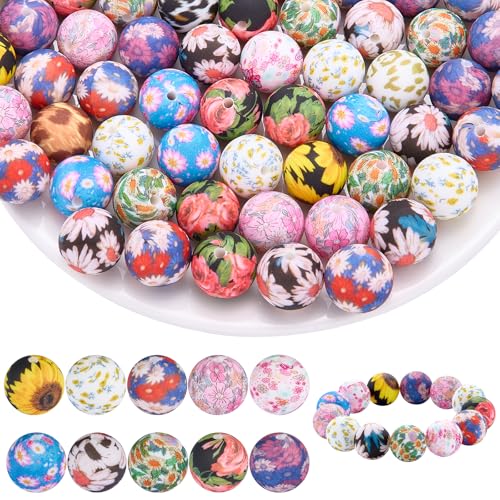 WEWAYSMILE 60 Stück 15mm Silikonperlen Bedruckte Silikonperlen Für Die Herstellung Von Schlüsselanhängern DIY Perlenstiften Schlüsselbändern Armbändern Halsketten Schmuck (Dunkle Blumen) von WEWAYSMILE