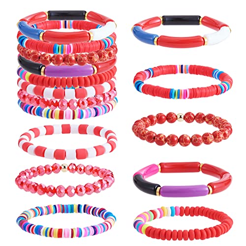 WEWAYSMILE 8 bunte Boho Stapelbare Adrette Armbänder, Glasperlen-Armbänder, Perlen-Stretch-Armbänder-Set, Handgelenkschmuck Für Frauen, Rot WEWAYSMILE 8 bunte Boho Stapelbare Adrette Armbänder, Glasperlen-Armbänder, Perlen-Stretch-Armbänder-Set, Handgelenkschmuck Für Frauen, Rot von WEWAYSMILE