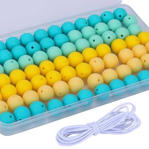 WEWAYSMILE 80 Stück 15 mm Silikonperlen, Große Runde Silikonperlen, Mit 2 Meter Elastischem Perlenseil Für Armbänder, Schlüsselanhänger, Schlüsselbänder, Schmuck, Basteln (Gelbgrün) von WEWAYSMILE