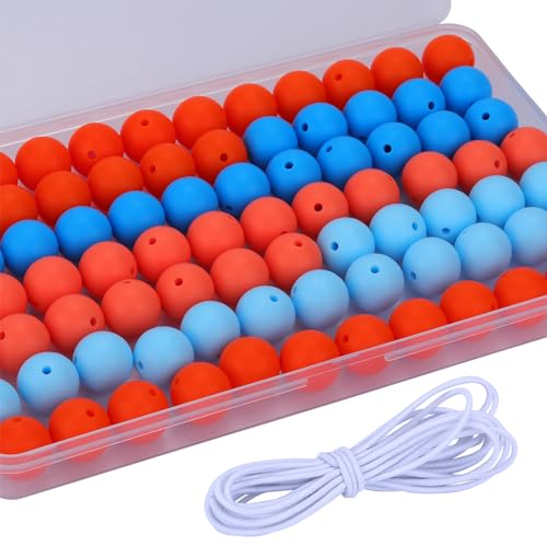 WEWAYSMILE 80 Stück 15 mm Silikonperlen, Große Runde Silikonperlen, Mit 2 Meter Elastischem Perlenseil Für Armbänder, Schlüsselanhänger, Schlüsselbänder, Schmuck, Basteln (Orange Blau) von WEWAYSMILE
