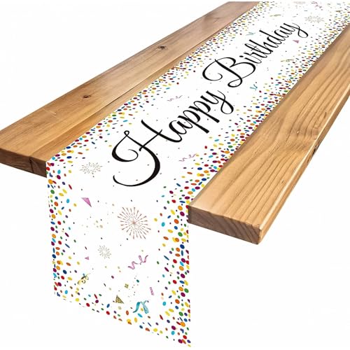 WEXFFU Tischläufer Geburtstag Schwarz Gold,Tischdecke Geburtstag mit Konfetti,Happy Birthday Tischläufer für Junge Mädchen Party Geburtstagsdeko (Weiß) von WEXFFU