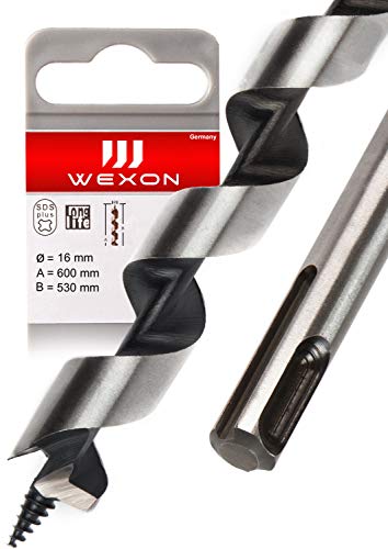 SDS Plus Schlangenbohrer 16mm x 600 - Extra Lang - Holzspiralbohrer - kompatibel mit Bosch Hilti Makita Metabo - Premium Qualität - Type Lewis Holzbohrer für Abbruchhammer und Schlaghammer SDS Plus Schlangenbohrer 16mm x 600 - Extra Lang - Holzspiralbohrer - kompatibel mit Bosch Hilti Makita Metabo - Premium Qualität - Type Lewis Holzbohrer für Abbruchhammer und Schlaghammer von WEXON