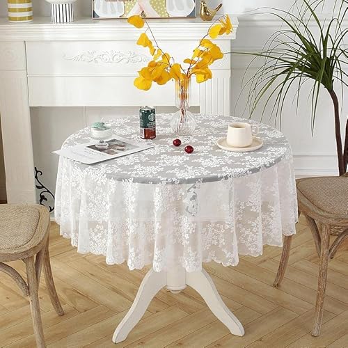 WEZOSHINET Runde Tischdecken - Spitzentischdecke Rund, Weiße/Rosa Spitze Tischdecke,für Hochzeiten, Dekorationen 120cm von WEZOSHINET