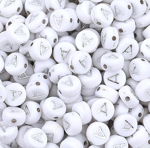 WEstux 100-Stücke 4×7mm Silber Runde Acryl Alphabet Buchstabe Perlen Vowel Buchstabe A Perlen für Schmuck Herstellung Armbänder Halsketten Schlüsselanhänger von WEstux