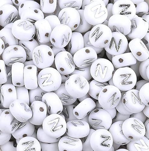 WEstux 100-Stücke 4×7mm Silber Runde Acryl Alphabet Buchstabe Perlen Vowel Buchstabe N Perlen für Schmuck Herstellung Armbänder Halsketten Schlüsselanhänger von WEstux